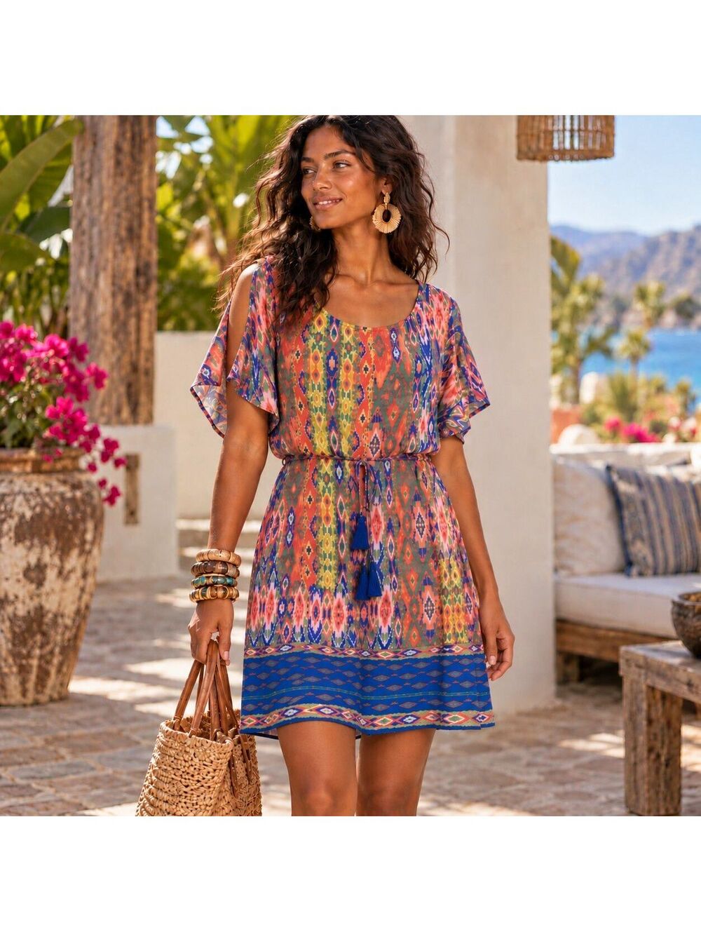 NEW Easel Tunic Mini Dress Cover Up Women's Small Colorful Resort Beach Vacay